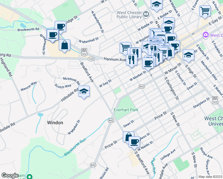 map of restaurants, bars, coffee shops, grocery stores, and more near 605 West Market Street in West Chester