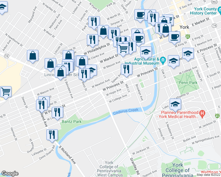 map of restaurants, bars, coffee shops, grocery stores, and more near 480 West Princess Street in York