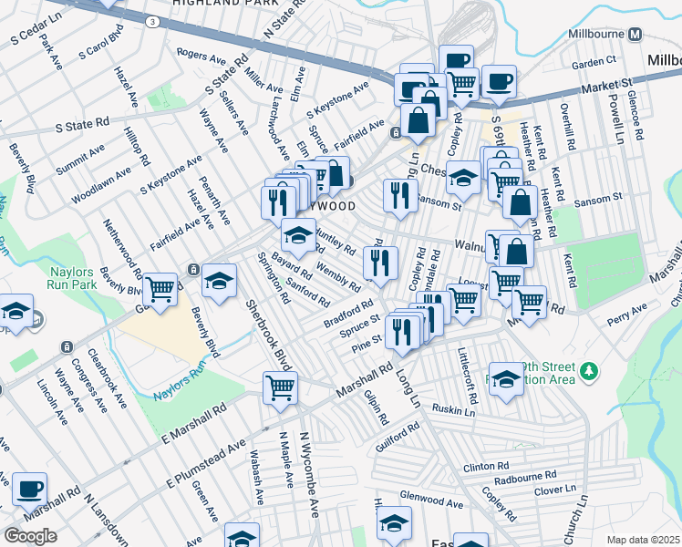 map of restaurants, bars, coffee shops, grocery stores, and more near 241 Wembly Road in Delaware County