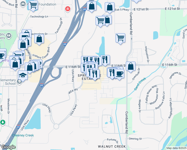 map of restaurants, bars, coffee shops, grocery stores, and more near 9708 District North Drive in Fishers