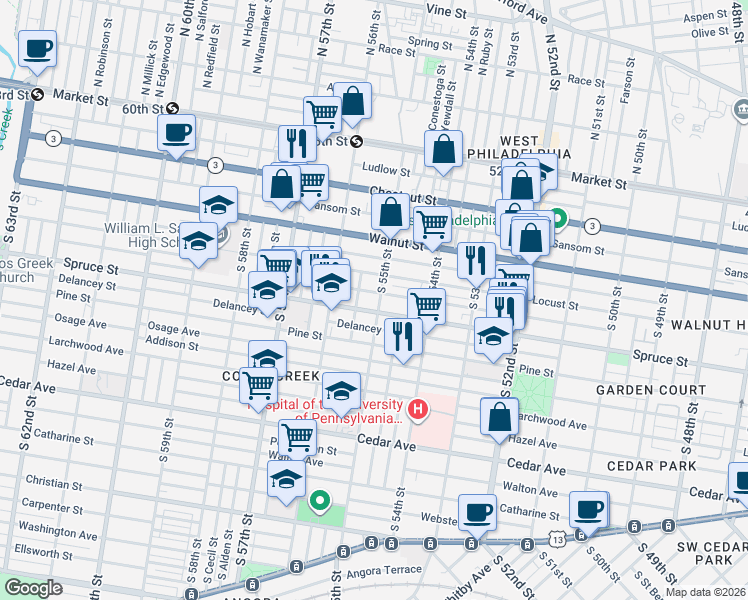 map of restaurants, bars, coffee shops, grocery stores, and more near 258 South 55th Street in Philadelphia
