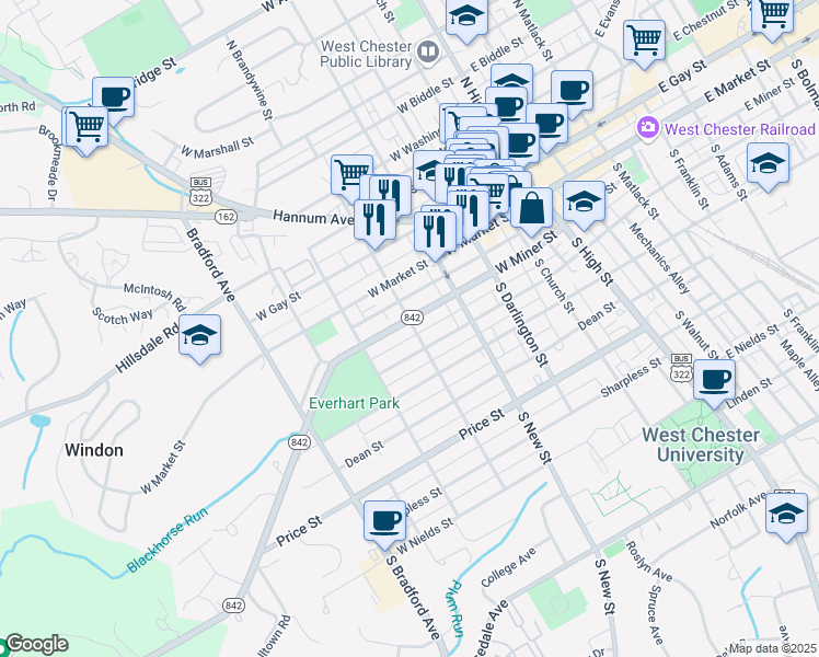 map of restaurants, bars, coffee shops, grocery stores, and more near 400 West Miner Street in West Chester