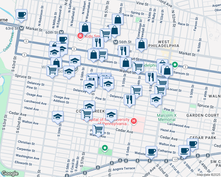 map of restaurants, bars, coffee shops, grocery stores, and more near 5559 Spruce Street in Philadelphia