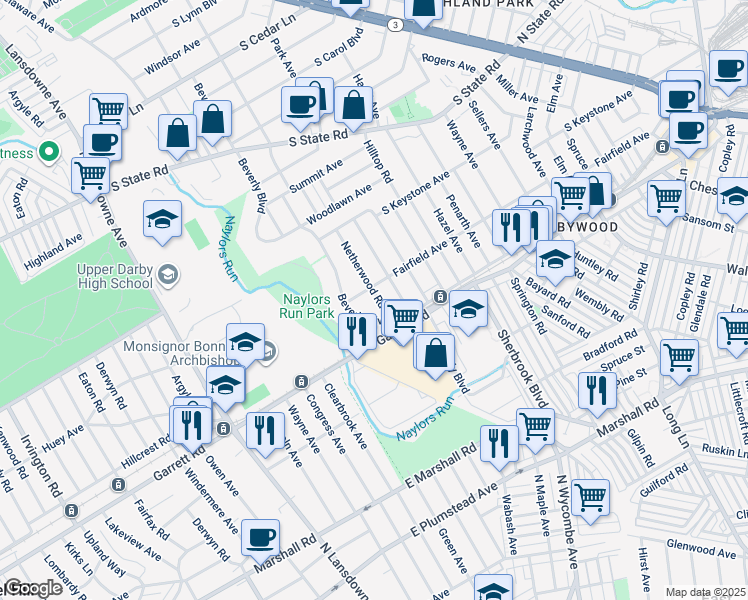 map of restaurants, bars, coffee shops, grocery stores, and more near 416 Netherwood Road in Upper Darby