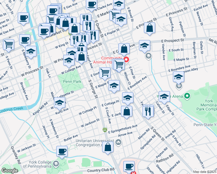 map of restaurants, bars, coffee shops, grocery stores, and more near 517 South Duke Street in York