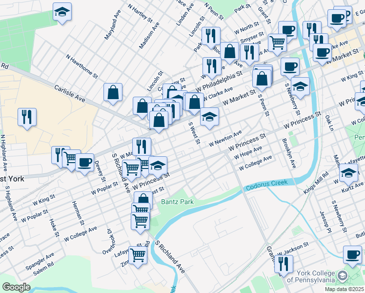 map of restaurants, bars, coffee shops, grocery stores, and more near 646 West King Street in York