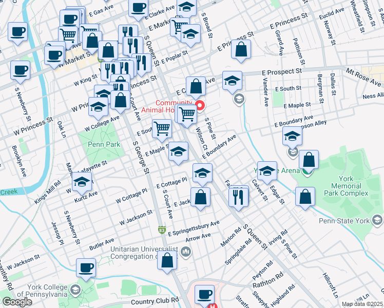 map of restaurants, bars, coffee shops, grocery stores, and more near 544 South Queen Street in York