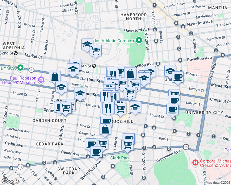 map of restaurants, bars, coffee shops, grocery stores, and more near 4432 Sansom Street in Philadelphia