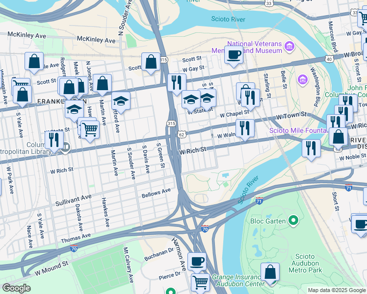 map of restaurants, bars, coffee shops, grocery stores, and more near 660 West Rich Street in Columbus