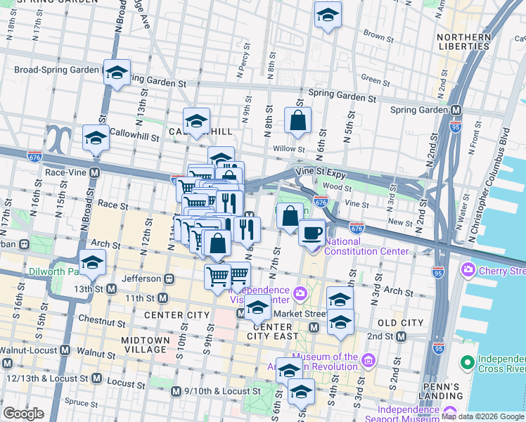 map of restaurants, bars, coffee shops, grocery stores, and more near in Philadelphia