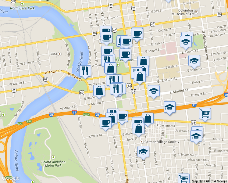 map of restaurants, bars, coffee shops, grocery stores, and more near 317 South High Street in Columbus