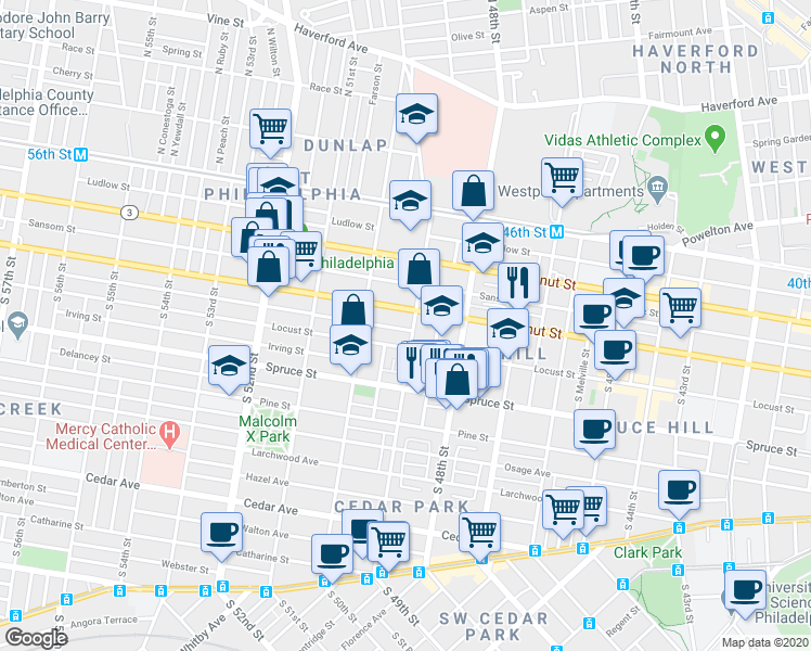 map of restaurants, bars, coffee shops, grocery stores, and more near 212 South 49th Street in Philadelphia