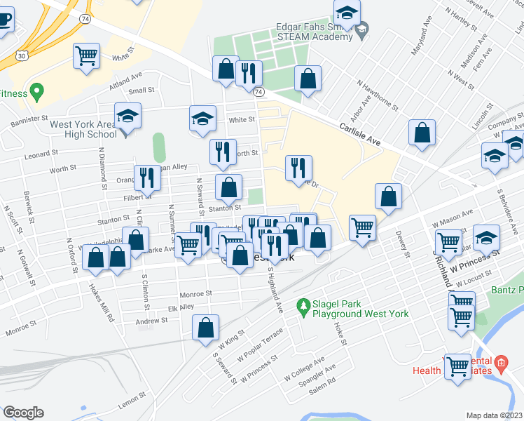 map of restaurants, bars, coffee shops, grocery stores, and more near 108 North Highland Avenue in West York