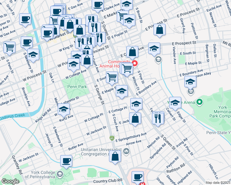 map of restaurants, bars, coffee shops, grocery stores, and more near 517 South Duke Street in York