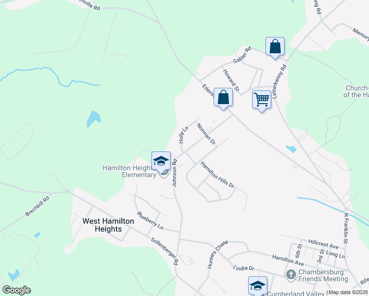 map of restaurants, bars, coffee shops, grocery stores, and more near 1747 Johnson Road in Chambersburg