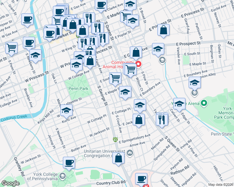 map of restaurants, bars, coffee shops, grocery stores, and more near 526 South Duke Street in York