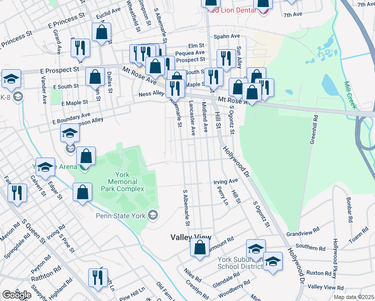 map of restaurants, bars, coffee shops, grocery stores, and more near 987 South Albemarle Street in York
