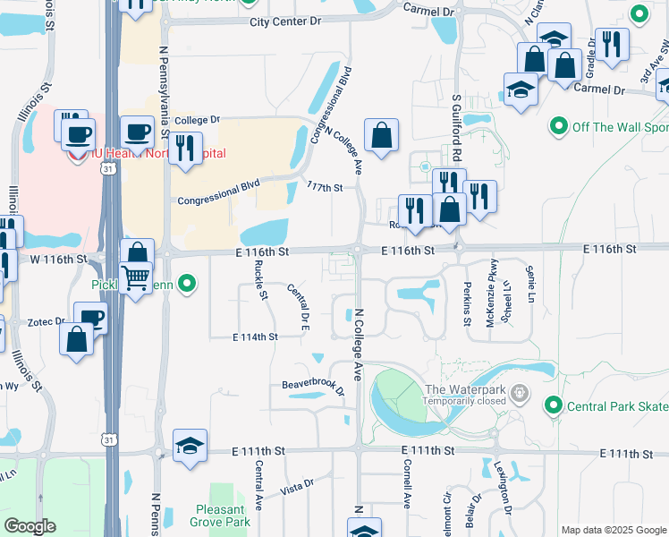 map of restaurants, bars, coffee shops, grocery stores, and more near 11546 Applewood Circle in Carmel