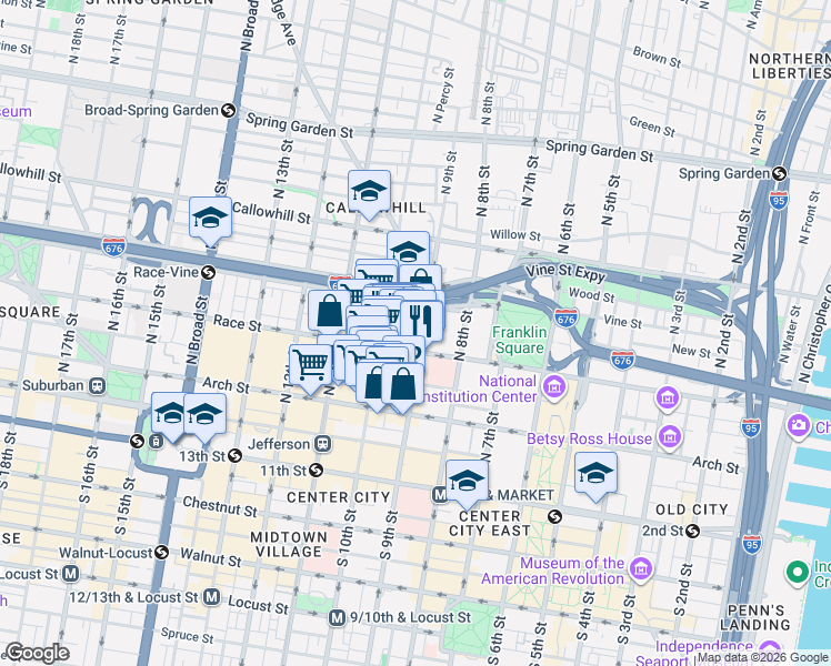map of restaurants, bars, coffee shops, grocery stores, and more near 208 North 9th Street in Philadelphia