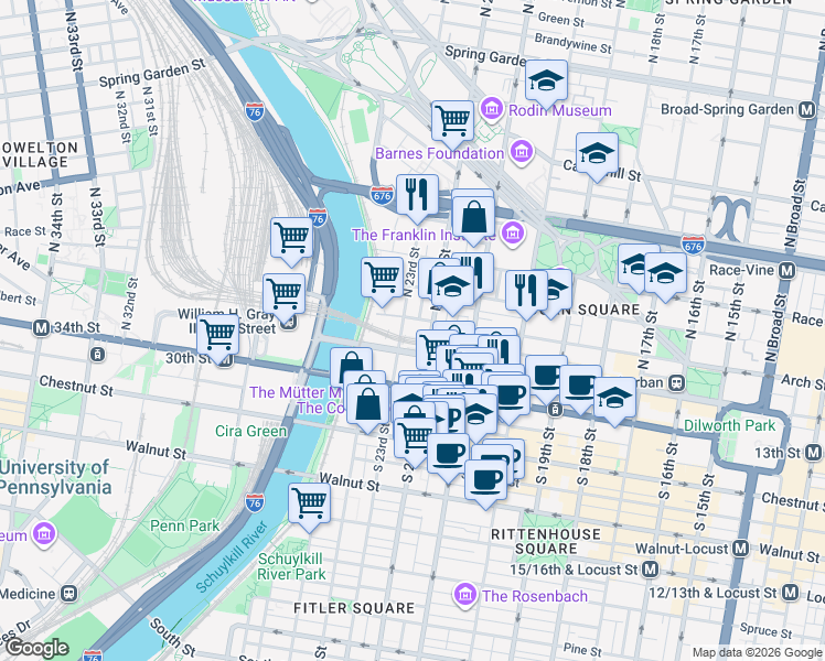 map of restaurants, bars, coffee shops, grocery stores, and more near 2200 Arch Street in Philadelphia