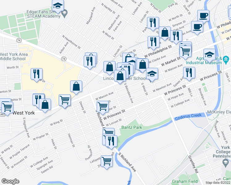 map of restaurants, bars, coffee shops, grocery stores, and more near 34 South Royal Street in York