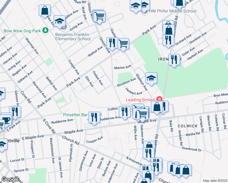 map of restaurants, bars, coffee shops, grocery stores, and more near 3735 Union Avenue in Pennsauken Township