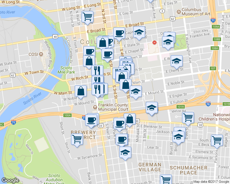 map of restaurants, bars, coffee shops, grocery stores, and more near S 3rd St & E Noble St in Columbus
