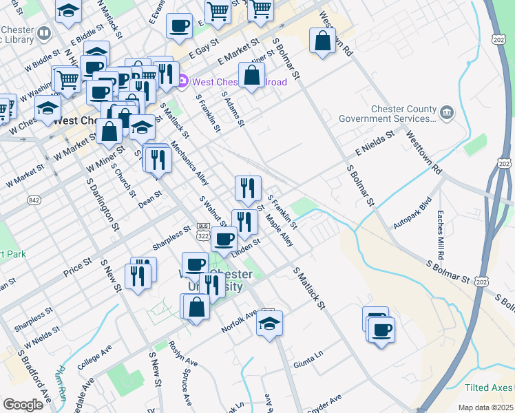 map of restaurants, bars, coffee shops, grocery stores, and more near 217 East Nields Street in West Chester