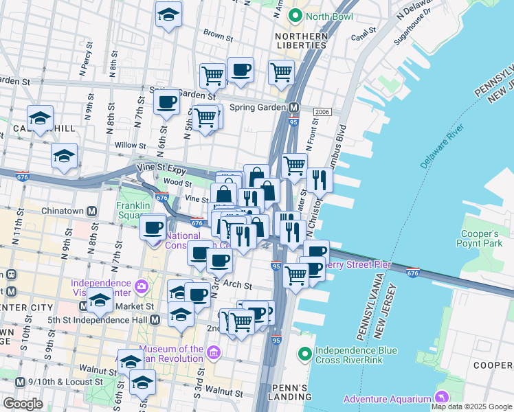 map of restaurants, bars, coffee shops, grocery stores, and more near 302 North 2nd Street in Philadelphia