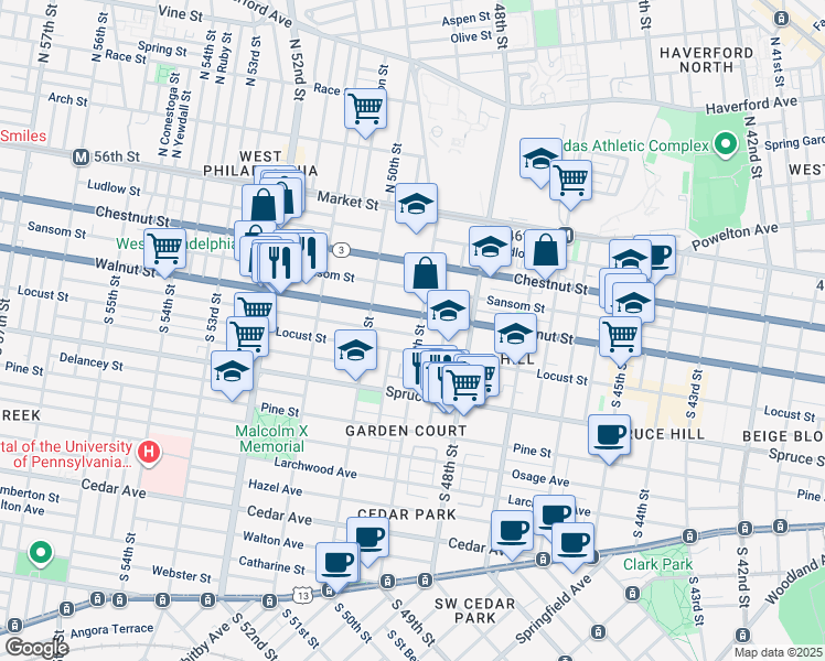 map of restaurants, bars, coffee shops, grocery stores, and more near 212 South 49th Street in Philadelphia