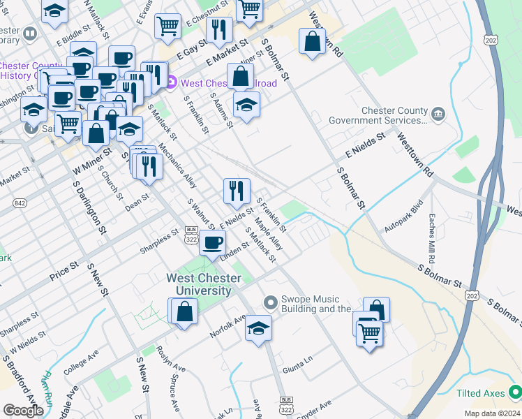 map of restaurants, bars, coffee shops, grocery stores, and more near 620 South Franklin Street in West Chester