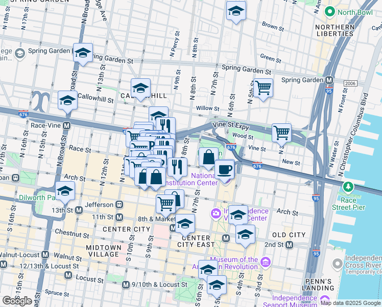 map of restaurants, bars, coffee shops, grocery stores, and more near 201-59 North 8th Street in Philadelphia