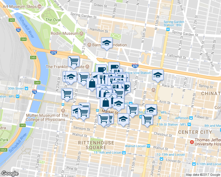 map of restaurants, bars, coffee shops, grocery stores, and more near 2 Logan Square in Philadelphia