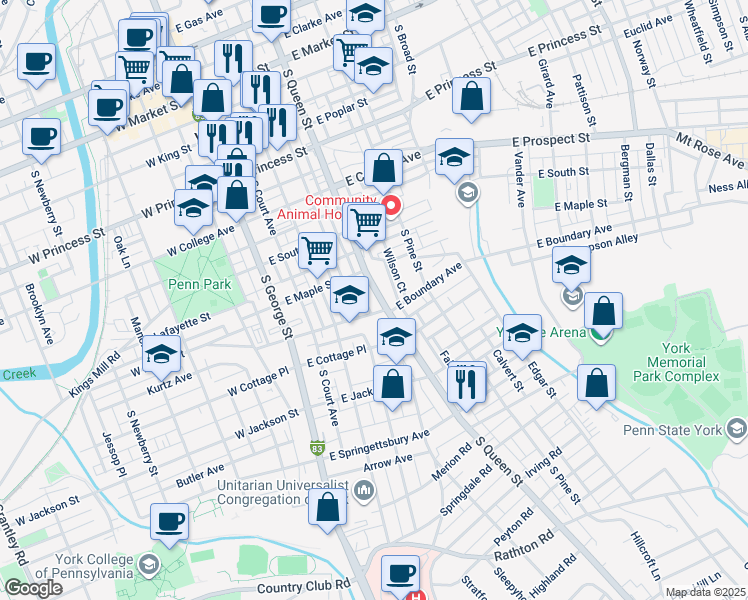 map of restaurants, bars, coffee shops, grocery stores, and more near 549 McKenzie Street in York
