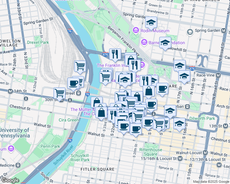 map of restaurants, bars, coffee shops, grocery stores, and more near 2200-28 Arch Street in Philadelphia