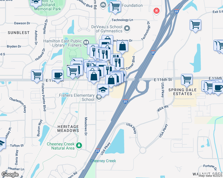 map of restaurants, bars, coffee shops, grocery stores, and more near 8936 South Street in Fishers