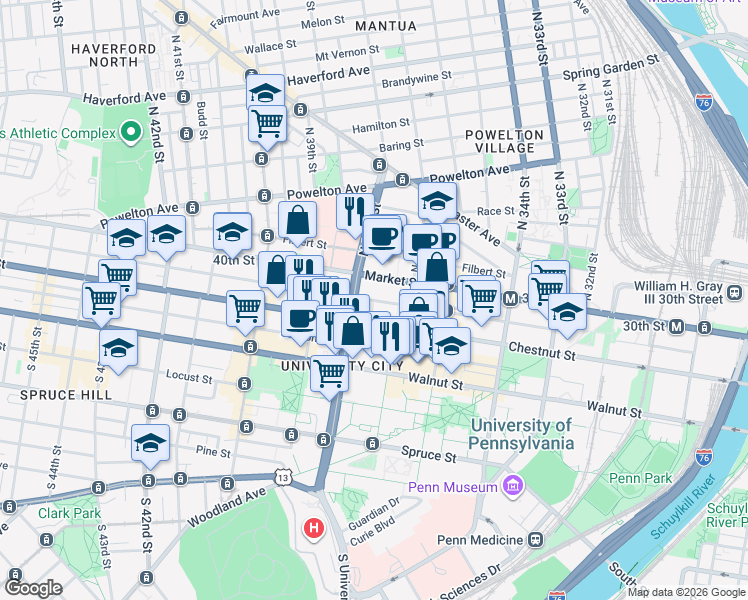 map of restaurants, bars, coffee shops, grocery stores, and more near Ludlow Street in Philadelphia