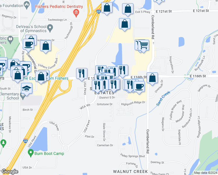 map of restaurants, bars, coffee shops, grocery stores, and more near 11547 Yard Street in Fishers