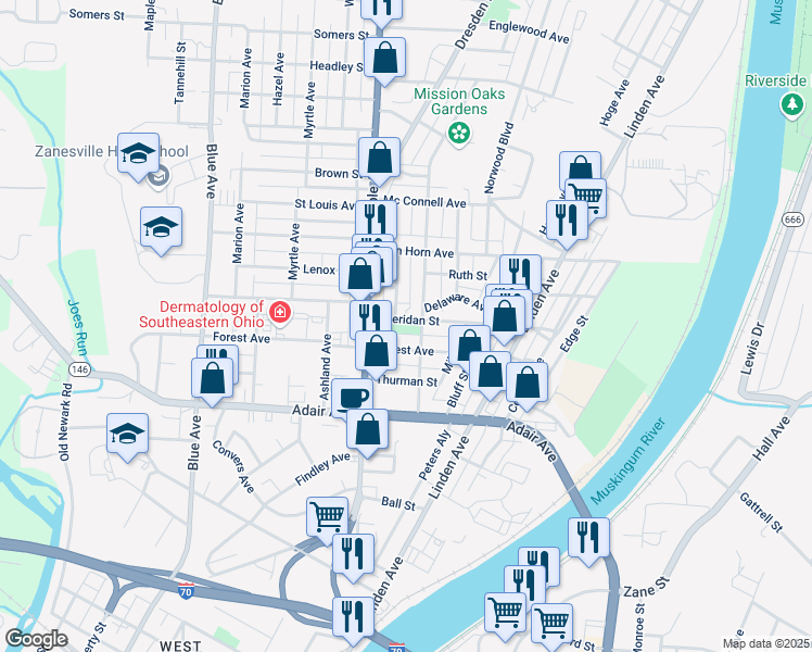 map of restaurants, bars, coffee shops, grocery stores, and more near 516 Sheridan Street in Zanesville