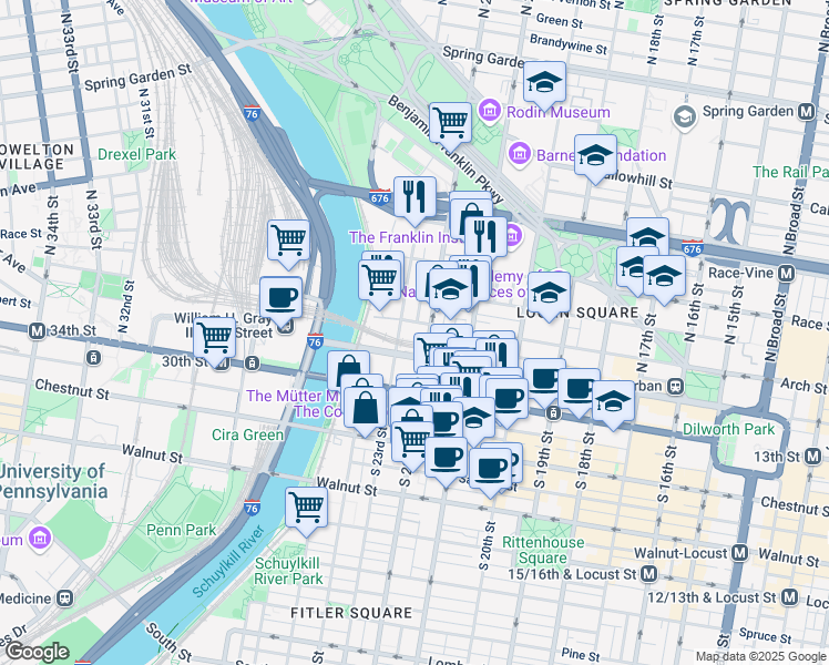 map of restaurants, bars, coffee shops, grocery stores, and more near 2200 Arch Street in Philadelphia
