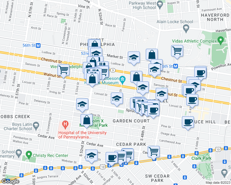 map of restaurants, bars, coffee shops, grocery stores, and more near 5018 Chancellor Street in Philadelphia