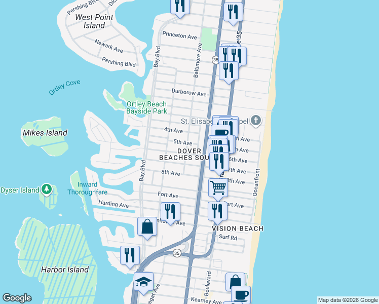 map of restaurants, bars, coffee shops, grocery stores, and more near in Toms River