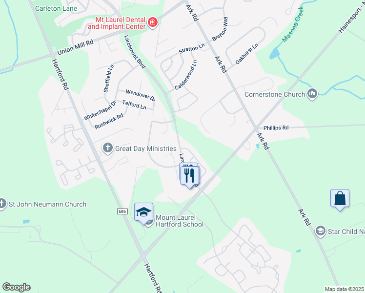 map of restaurants, bars, coffee shops, grocery stores, and more near 307A Ralston Drive in Mount Laurel Township