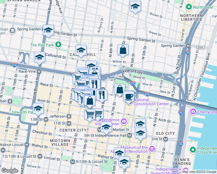 map of restaurants, bars, coffee shops, grocery stores, and more near Race Street in Philadelphia
