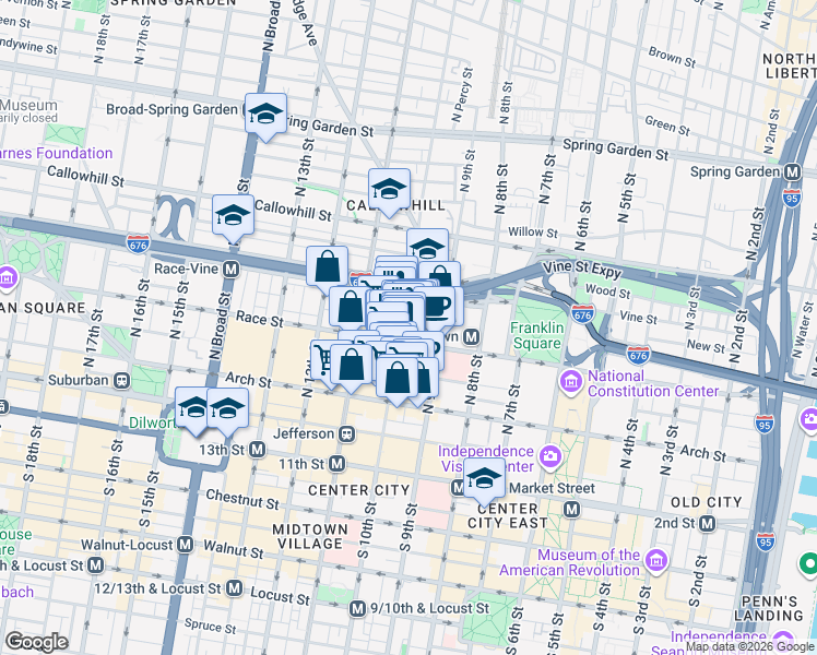 map of restaurants, bars, coffee shops, grocery stores, and more near 1001 Race Street in Philadelphia