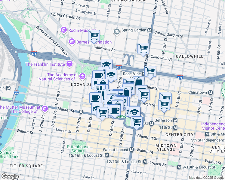 map of restaurants, bars, coffee shops, grocery stores, and more near 110 North 16th Street in Philadelphia