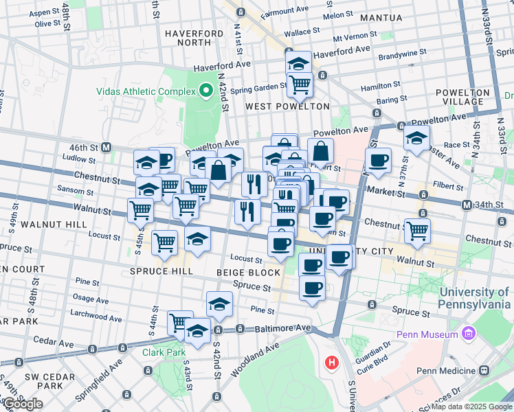 map of restaurants, bars, coffee shops, grocery stores, and more near 4044 Chestnut Street in Philadelphia