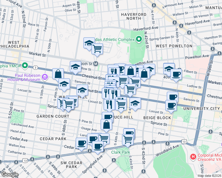 map of restaurants, bars, coffee shops, grocery stores, and more near in Philadelphia
