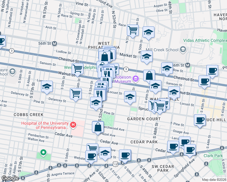 map of restaurants, bars, coffee shops, grocery stores, and more near 5132 Locust Street in Philadelphia