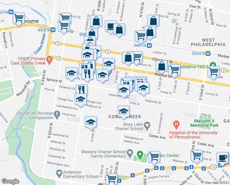 map of restaurants, bars, coffee shops, grocery stores, and more near 5810 Delancey Street in Philadelphia